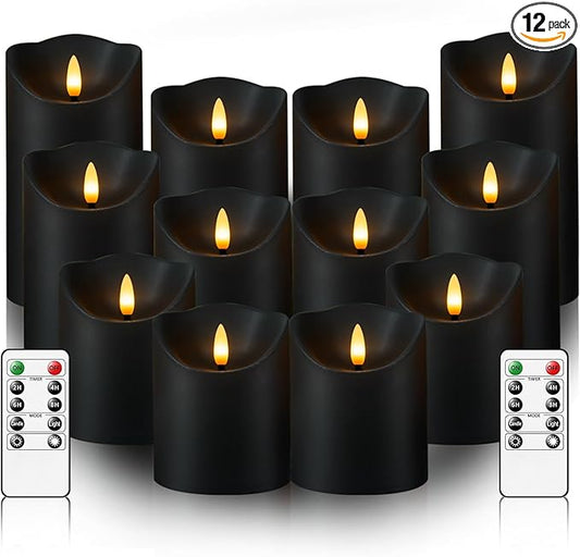 kakoya Flameless LED Candles Battery Operated with Remote and Timer,Flickering Electric Fake Plastic Pillar Candles Set of 12(D3 x H 3" 4" 5") Black