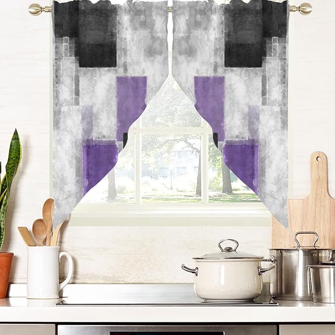 AAtter Purple Kitchen Valance Curtain for Window Lavender Modern Abstract Fun Plum Ombre Small Short Swag Topper Bathroom Living Room Bedroom Rod Pocket Drapes Fabric 1 Pair, 28" W x 36" L, Geometric