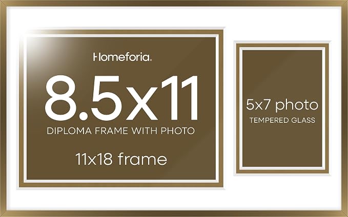 Homeforia 11x18 Bronze Diploma Frame with Photo, High End Metal 11 x 18 Certificate Frame with Mat for 8.5x11 Diploma and 5x7 Picture, 18x11 Award Graduation Frames, Tempered Glass, Wall Kit, Set of 2