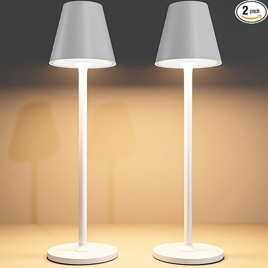 Timjorman 2-Pack Cordless Table Lamps - 5000mAh Rechargeable Battery Operated Desk Lamp, 3-Level Dimmable LED Night Light for Bedroom, Dining, Restaurant - Metal Design (White 2-Pack)
