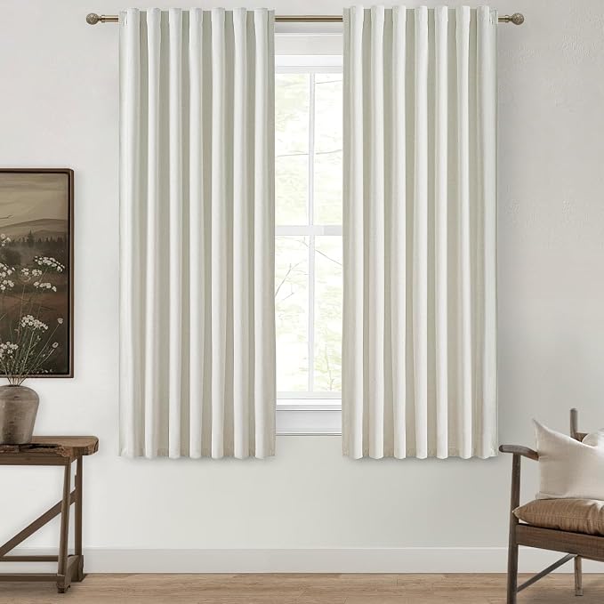 QJmydeco Pleated Curtains with Pin Hooks Linen Kitchen 45 Inch Length 2 Panels Set, Blackout Curtains with Rings Back Tab for Small Window Soundproof Heat Blocking Drapes (BeigeWhite W50 xL45)
