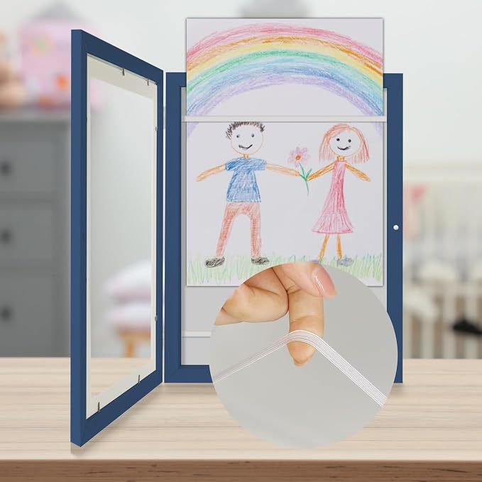 Kids Art Frames 9x12 - Front Opening Childrens Picture Frame Changeable, Wood Artwork Display Storage for Wall Mount, Magnetic Door Holds 50 Art Pieces for Drawings, 3D Picture, Crafts, Portfolio, Blue