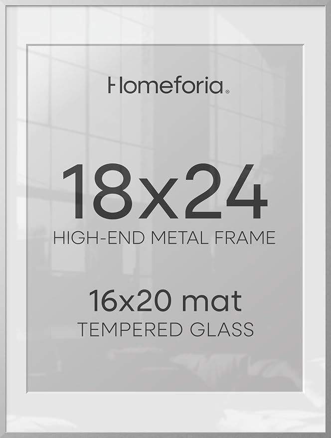 Homeforia 18x24 Poster Frame Silver, High End Metal 18 x 24 Picture Frames with Mat 16 x 20 for Photo, 18x24 Silver Frame Matted to 16x20 Print, 24x18 Hanging Frame, Tempered Glass, Wall Kit, Set of 1