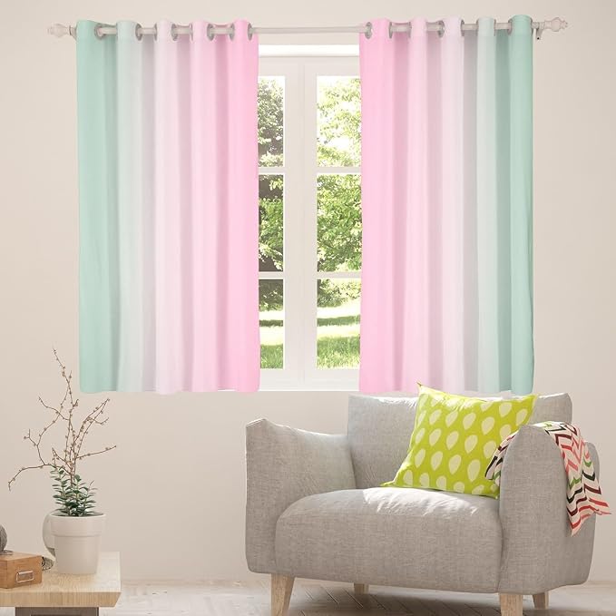 jejeloiu (2 Panels, 42 x 63 Inch Pink and Green Darkening Drapes Gradient Style Curtains for Bedroom Living Room for Kids Women Men Ombre Printed Blackout Curtains Geometric Window Treatments