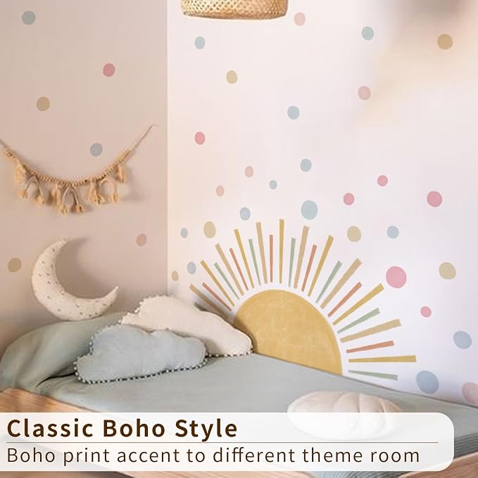 Vibrant Large Half Sun Wall Decals Peel and Stick, Self Adhesive Colorful Polka Dots Wall Sticker, Wall Art Decor Sunrise Wall Stickers for Girls Bedroom Playroom Nursery Room