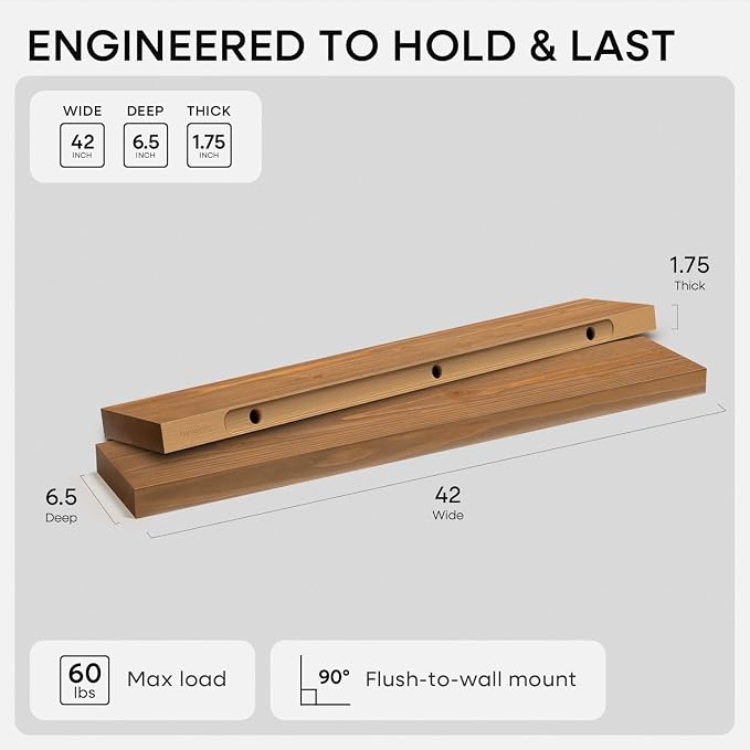 Homeforia 42 inch Golden Oak Floating Shelf, High End Solid Real Wood 42inch Small Floating Shelves for Wall Mounted, Oak Wooden 42in Floating Shelves, Heavy Duty Bracket, 42 X 6.5 X 1.75 in, Set of 2