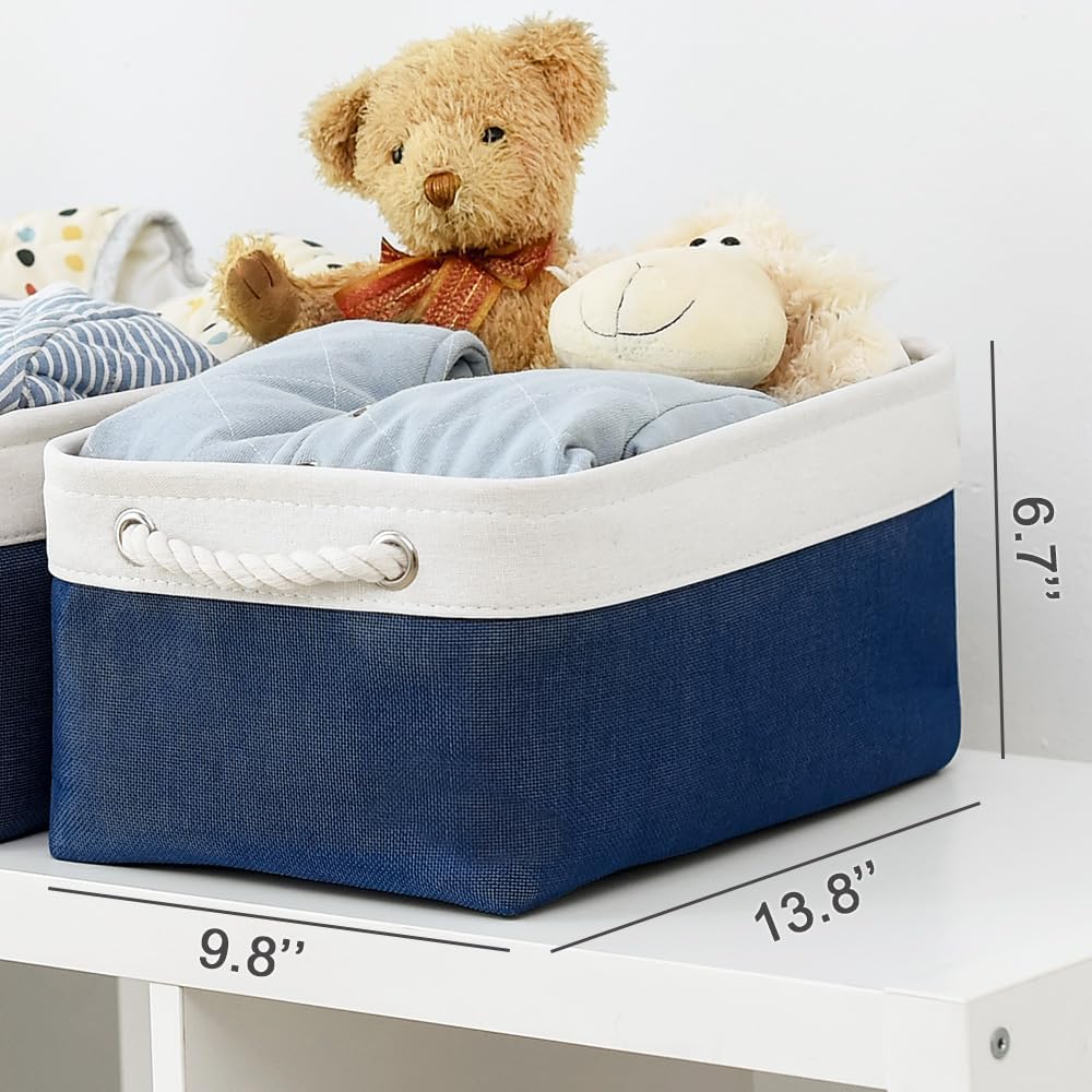 TheWarmHome Storage Basket for Organizing - Medium 3 Pack 14x10x7 inch Fabric Storage Cubes for Shelves with Rope, Collapsible Storage Bin for Organizer Closet Cloth Gift Toy (White & Jean Blue)