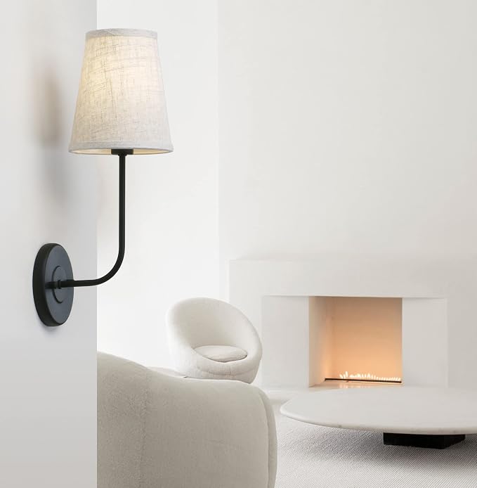 PERMO Classic Rustic Wall Sconce Light Fixture with Flared Funnel Linen Fabric Shade Nightstand Lamps for Living Room Bedrooms Bedside Reading (Black)