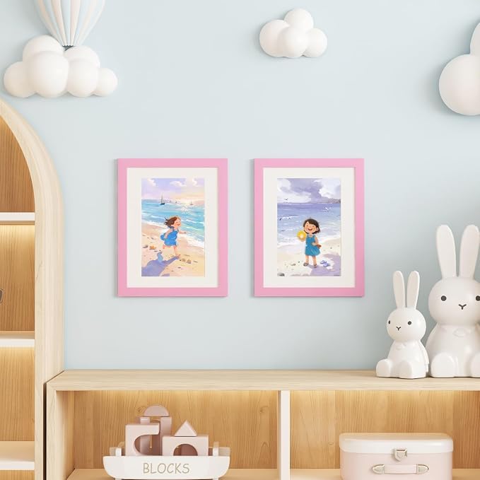 KINLINK 8.5x11 Kids Art Frame 2 Pack, Solid Wood Artwork Frames Changeable, Front Opening Hold 150 Pictures, Art Frames for Kids Artwork, 6x9 with Mat 8.5x11 without Mat, Picture Frames Light Pink
