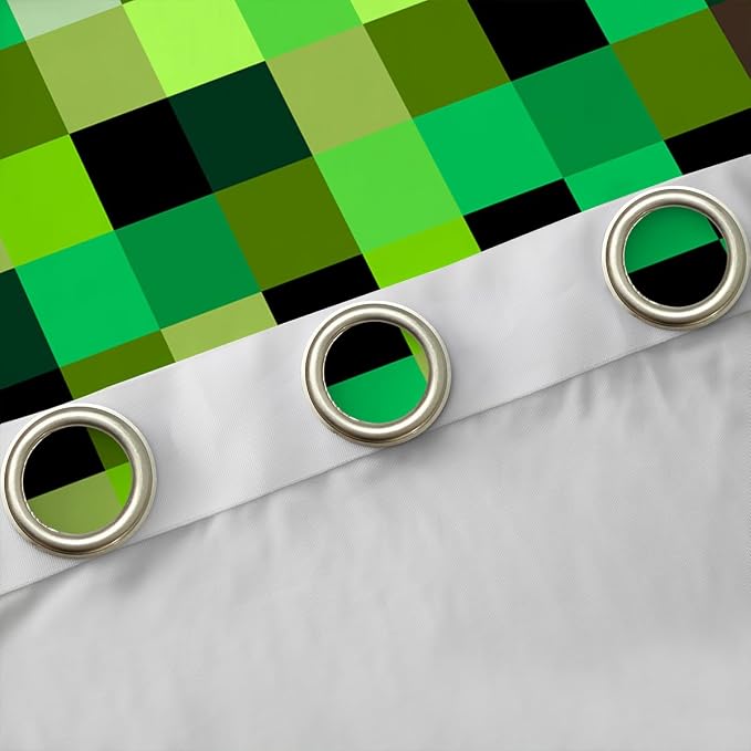 Castle Fairy Green Pixelated Grid Window Curtain,Miners Build Games Blackout Window Treatment,Kids Teens Woman Gradient Square Block Bedroom Curtains Soft Cozy Living Room Decor Top 2 Panels,42Wx84L