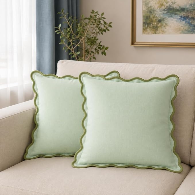 Folkulture Throw Pillow Covers 18x18 Set of 2 | Cotton, Boho, Cute Sage Green Pillow Covers for Couch | Aesthetic, Preppy Scalloped Decorative Pillows for Living Room Decor | Decorative Pillow Cover