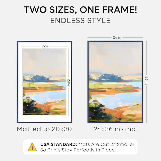 Homeforia 24x36 Navy Blue Picture Frame, High End Metal 24x36 Large Poster Frames with Mat 20x30 inch Photo, 24 x 36 Thin Frame Matted to 20 x 30 Print, 36x24 Frame, Tempered Glass, Wall Kit, Set of 1