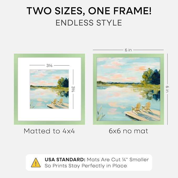 Homeforia 6x6 Sage Green Frame, High End Metal 6 x 6 Square Picture Frame with Mat 4 by 4 Art, 6x6 Photo Frame Matted to 4x4 inch Print, 6by6 Wall or Tabletop Frames, Tempered Glass, Wall Kit, Set of 1
