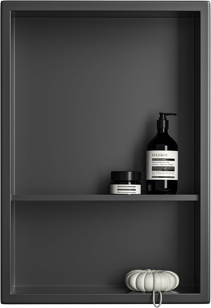 Stainless Steel Shower Niche 18" X 12" Matte Black No Tile Needed Niche for Shower Wall with Two-Tier Shelves Recessed Wall Niches for Bathroom Storage Over Mount Installation
