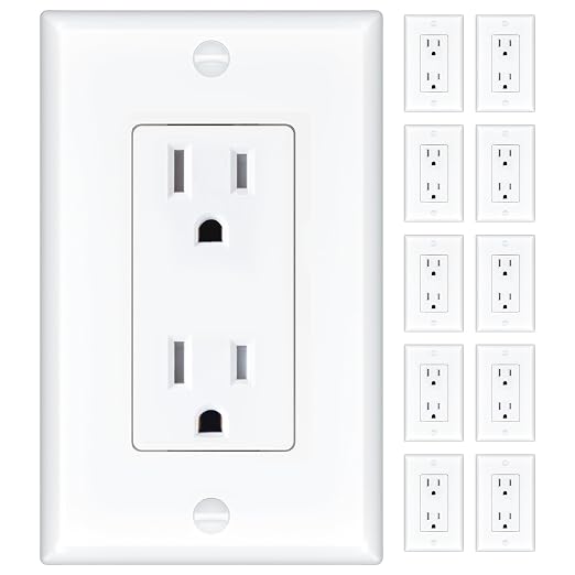 Amico Wall Outlet, UL Listed, Tamper Resistant Standard Electrical Outlet, Decorator Receptacle, Suitable for Home and Business, 125V/1875W, White, 15 Amp - Screw Wall Plate, 10 Pack