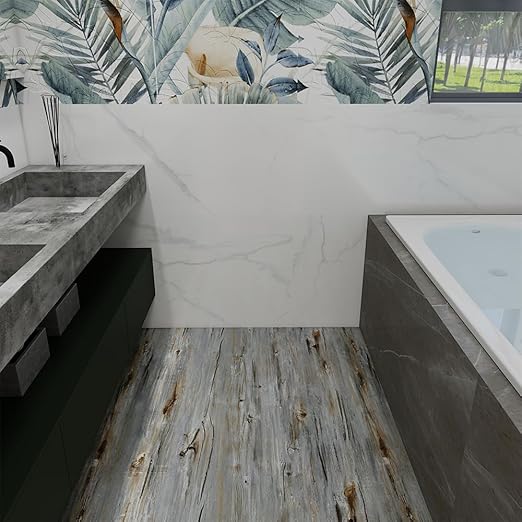 Wood Grain Peel and Stick Floor Tiles – 11.8” Width, Full Roll Length of 118" – Versatile Design for Any Space, Sunwashed Blue Self Adhesive Vinyl Flooring, Waterproof and Non-Slip Features