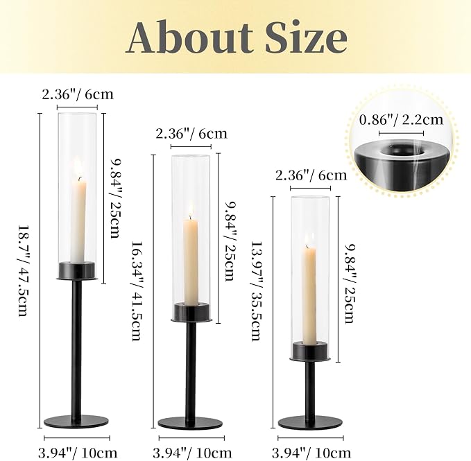 Hewory Black Candlestick Holders Hurricane Candle Holder, 12Pcs Candle Stick Candle Holder Candelabra, Taper Candle Holders with Glass Candle Cover for Wedding Table Centerpiece Christmas Decor