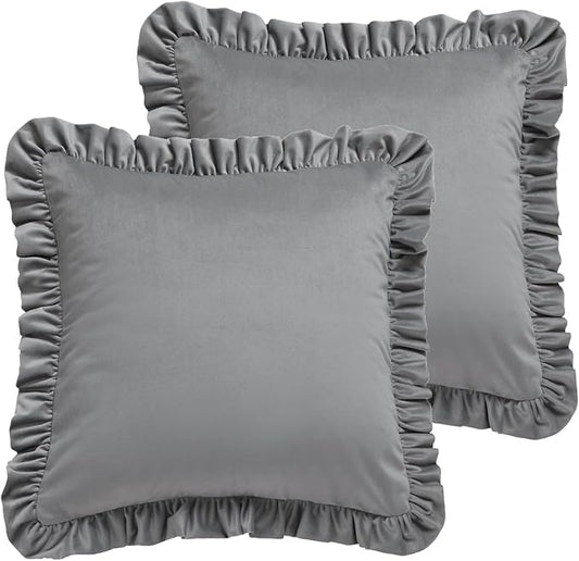 ISAENNE Vintage Silver Grey Square Throw Pillow Covers 22"x22" Set of 2, Solid Color Farmhouse Velvet Decoration Pillow Cover with Ruffles,Throw Pillow Case for Couch Sofa Bed Living Room Car