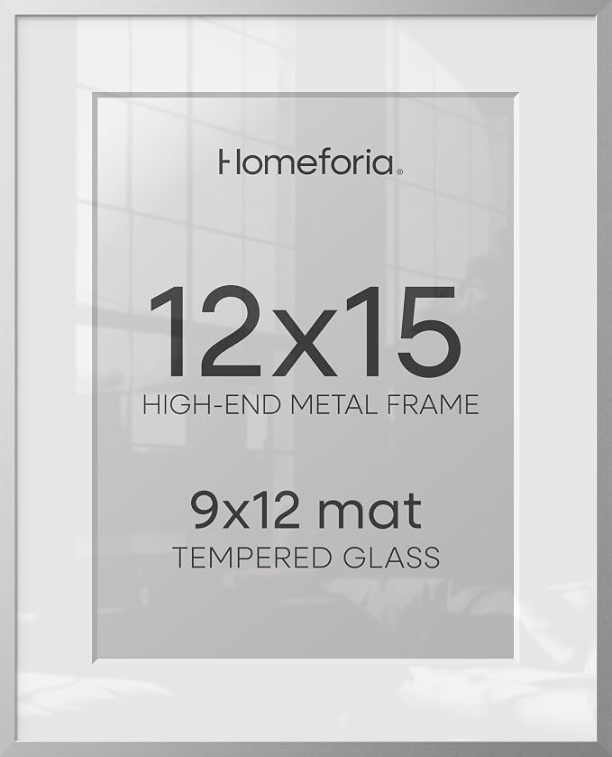 Homeforia 12 x 15 Picture Frame Silver, High End Metal 12x15 Poster Frames with Mat 9x12 Photo, 12 x 15 Silver Frame Matted to 9 x 12 in Print, 15by12 Hanging Frame, Tempered Glass, Wall Kit, Set of 1