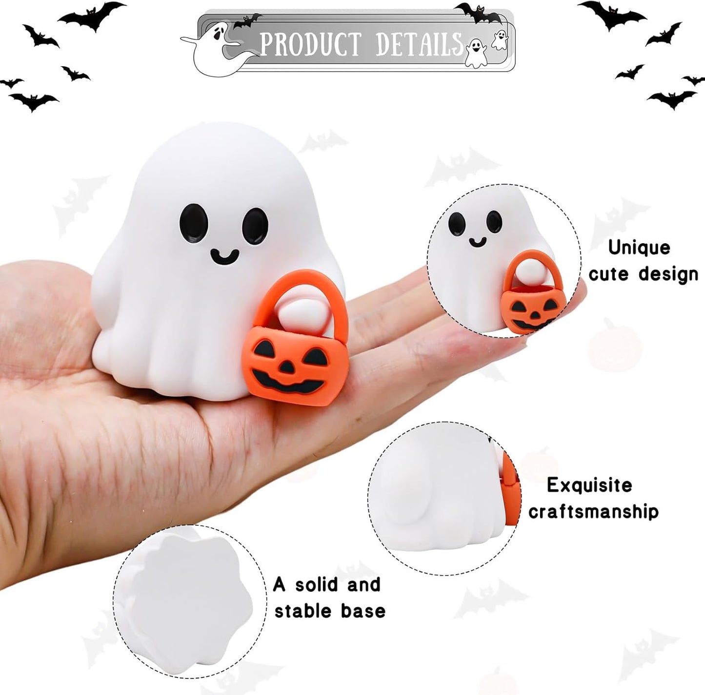 2 Pcs Halloween Ghost Figurine Cartoon Cute Spooky Carrying Pumpkin Basket Desk Display Ornament Tiny Trick or Treat Ghost Resin Halloween Statue for Home and Office Tabletop Decor Supplies