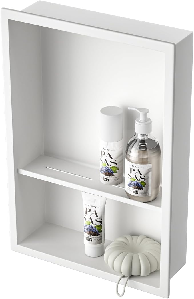 Stainless Steel Shower Niche 18" X 12" White with 2-Tiers Shelf No Tile Needed Niche Shower for Bathroom Storage Recessed Wall Niches Over Mount Installation