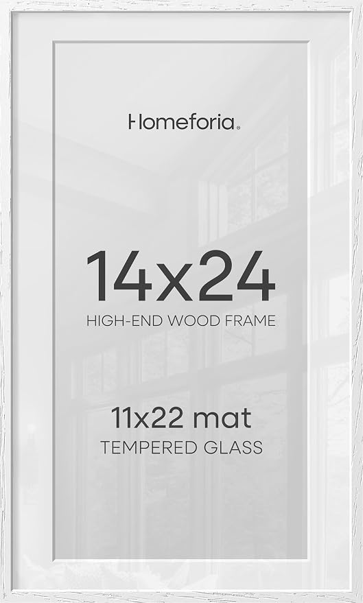Homeforia 14x24 White Picture Frame, High End Oak 14x24 White Wooden Poster Frames with Mat 11x22 for Print, 14 x 24 Wood Frame Matted to 11 x 22 Photo, 24x14 Frame, Tempered Glass, Wall Kit, Set of 1