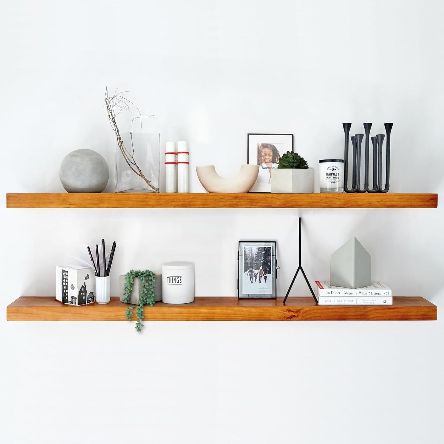 Homeforia Floating 60 inch Oak Shelves, High End Solid Real Wood 60inch Floating Shelf for Wall Mounted, Honey Oak Wooden 60in Large Floating Shelves, Heavy Duty Bracket, 60 X 6.5 X 1.75 in, Set of 2