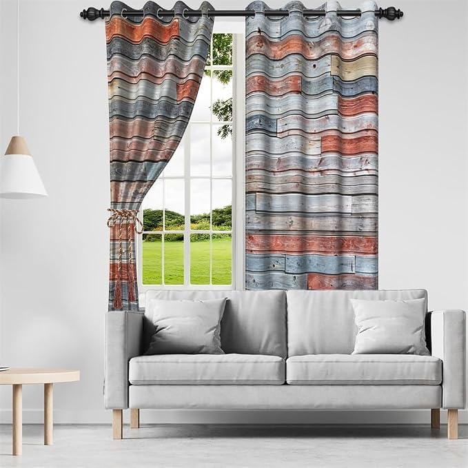 Wooden Curtains Wood Planks Wall Textured Art Print Wooden Window Curtains Grain Cottage Rustic Wooden Barn Door Hardwood Garage Door Living Room Bedroom Window Drapes,26x84 inch,2 Panels