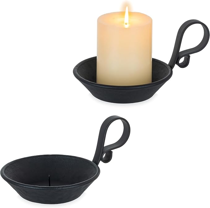 Iron Pillar Candle Holder: Vintage Black Candle Plate with Handle | Heavy Cast Iron, With Safety Spike for 3.3" Pillar, Gothic Decorative Stand for Halloween, Dining Table, Christmas, Set of 1
