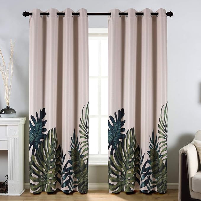 Taisier Home Palm Leaves Print Exotic Style Nature Artwork,2 Panel Fashion Grommet Top Thermal Insulated Room Darkening Curtains,Printing Curtain Leaves(95" Print Curtain)