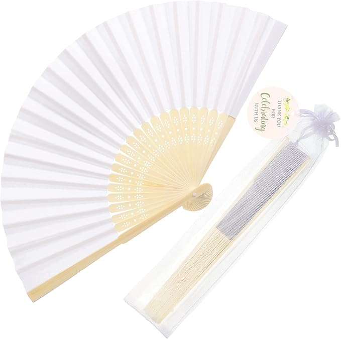 Cosweet 24 Set Wedding Hand Fans with Thank You Tags & Organza Bags, White Paper Fans Bulk Bamboo Decorative Folding Fans for Wedding Guests Party Favors Bridal Shower Church Decoration