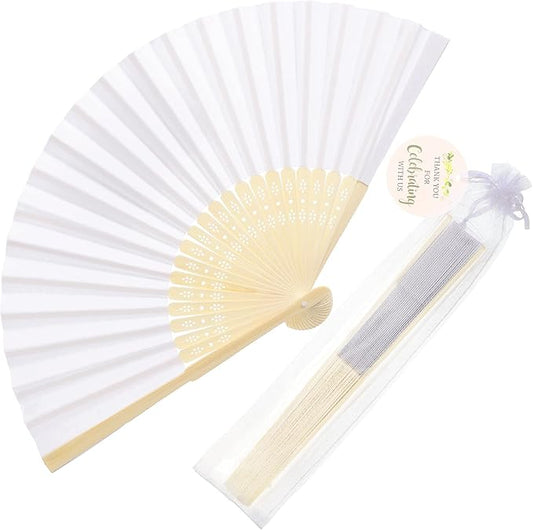 Cosweet 24 Set Wedding Hand Fans with Thank You Tags & Organza Bags, White Paper Fans Bulk Bamboo Decorative Folding Fans for Wedding Guests Party Favors Bridal Shower Church Decoration