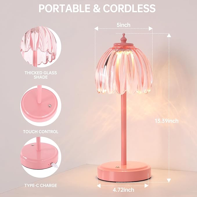 Shenmoyl Rechargeable Table Lamp with 5200mAh Battery & Touch Control - 3 Adjustable Color Temperatures, Cordless Dimmable Table Light for Bedroom, Office Desk, Nightstand (Clear Pink,Pink Base)
