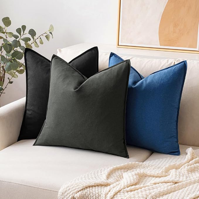 MIULEE Pack of 2 Decorative Linen Pillow Covers 18x18 Inch Black | Boho Farmhouse Modern Soft Spring Accent Throw Pillows Neutral Cushion Covers for Sofa Couch Bed Living Room Home Decor