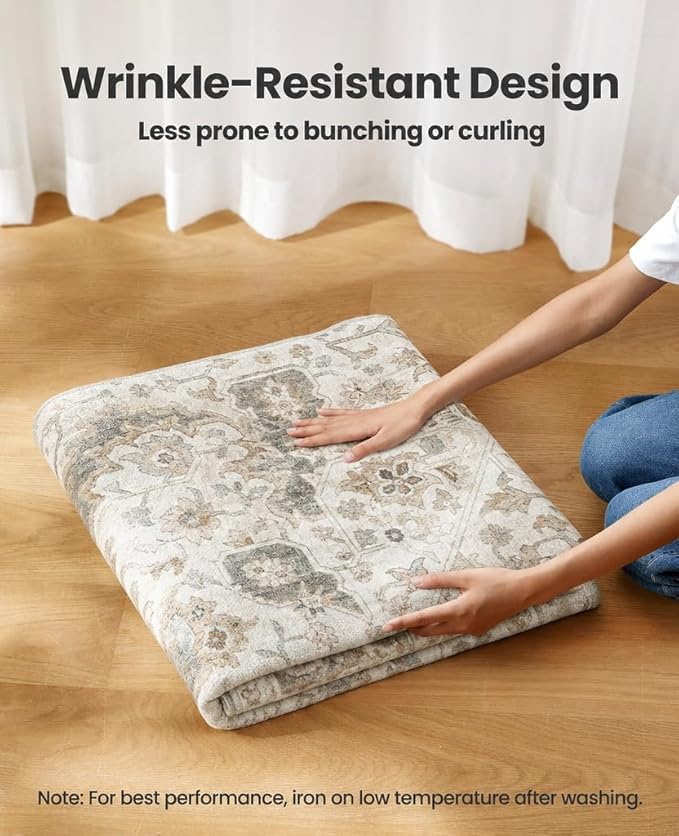 AMADA HOMEFURNISHING 9x12 Washable Area Rug, Low-Profile with Non-Slip Backing & Durable Edge Binding, Vintage Large Rugs for Living Room, Bedroom, Dining Room, Brown