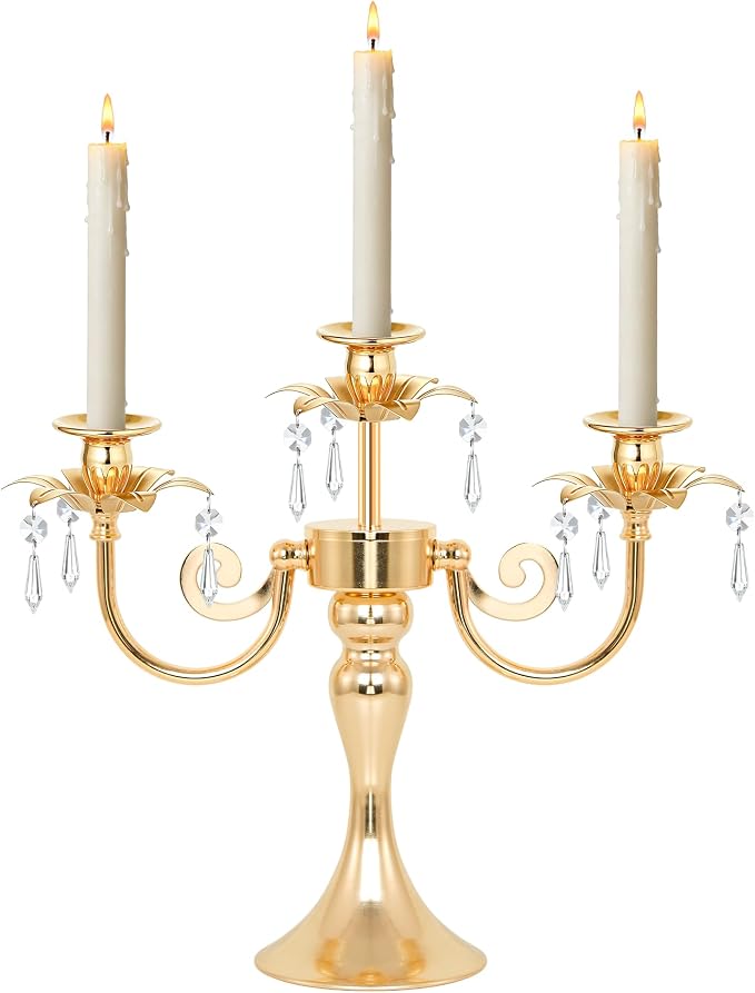 Metal 3 Arm Taper Candlestick Stand with Crystal Pendants - 11.8 Inch Tall Candle Holders, Elegant Centerpieces Candelabra for Wedding, Dining Table, Christmas Party (1Pc, Gold)