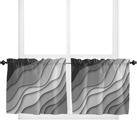 24 Inch Long Tier Curtains for Kitchen, Modern Abstract Geometric Black Grey Gradient Bathroom Window Curtains Rod Pocket Short Curtains Window Treatment Tiers for Living Room Farmhouse 2 Panels