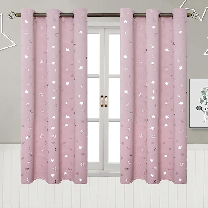 BGment Pink Room Darkening Curtains for Girls Bedroom, Star and Moon Blackout Curtains for Kids Room 45Inch Long, Thermal Insulated Grommet Window Drapes for Nursery, 2 Panels, 42 Wide