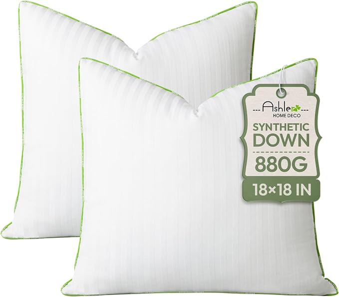 Ashler Home Deco Synthetic Down Pillow Inserts, 18x18 Down Alternative Throw Pillows Insert Sleeping Pillows with 100% Cotton Cover Decorative Pillow Stuffer for Sofa, Couch Bed(Set of 2, White)
