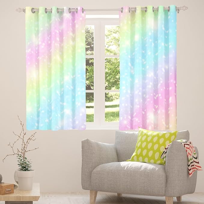 Erosebridal Rainbow Window Curtains for Kids Girls Teens Tie Dye Pastel Curtains 38" Wx45 L Golden Glitter Girly Sweet Window Treatments Curtains Abstract Watercolor Art Window Drapes 2 Panel Set