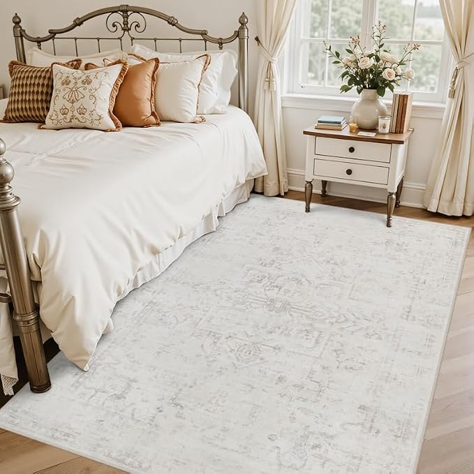 5x7 Area Rugs for Living Room: Vintage Boho Neutral Washable Rug Indoor Soft Large Area Rug Carpet for Bedroom Nursery Farmhouse Dining Room Office Floor Non-Slip Low Pile Under Table Neutral Cream