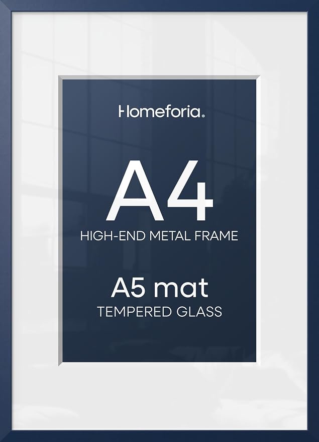 Homeforia A4 Picture Frame Navy Blue, High End Metal 8.3 x 11.7 inch Poster Frames with Mat 5.8 by 8.3 Art, A4 Size Frames Matted to A5 Photo, 8.3x11.7 Wall or Tabletop Frame, Tempered Glass, Set of 2