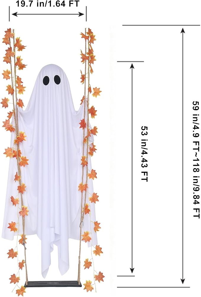 Hanging Swinging Ghost Halloween Decor - Outdoor Halloween Decorations with Ghost on A Swing for Outside Garden Yard Porch Tree, 4.4 FT Large Spooky Cute Ghosts with String Lights for Indoor Party