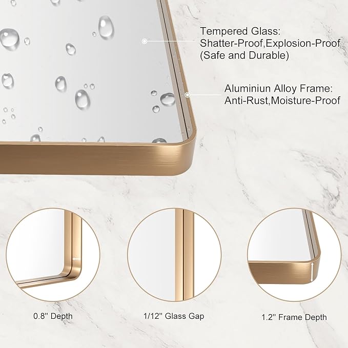 LOAAO 24”X36” Gold Bathroom Mirror, Rounded Rectangle Gold Frame Mirror, Brushed Gold Bathroom Vanity Mirror Wall-Mounted, Anti-Rust, Hangs Horizontally or Vertically
