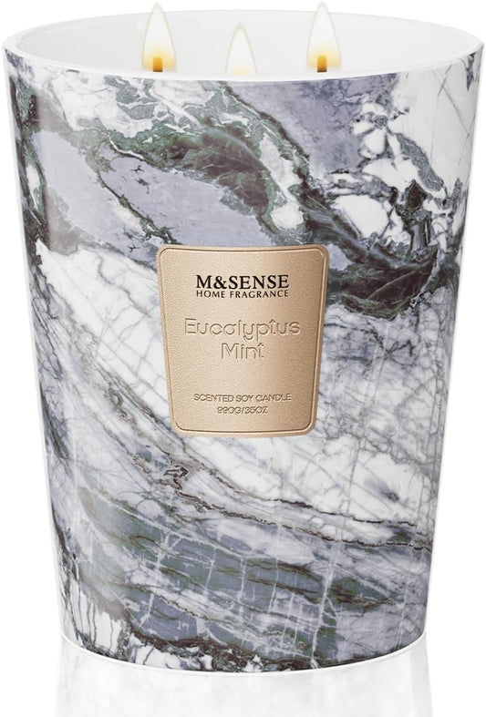 M&SENSE EucalyptusMint Scented Candles for Home, 3-Wick Highly Scented Jar Candles, Extra Large Candle 35 Oz 150 Hours Long Lasting Burning, Relaxing Aromatherapy Candle for Stress Relief, Meditation