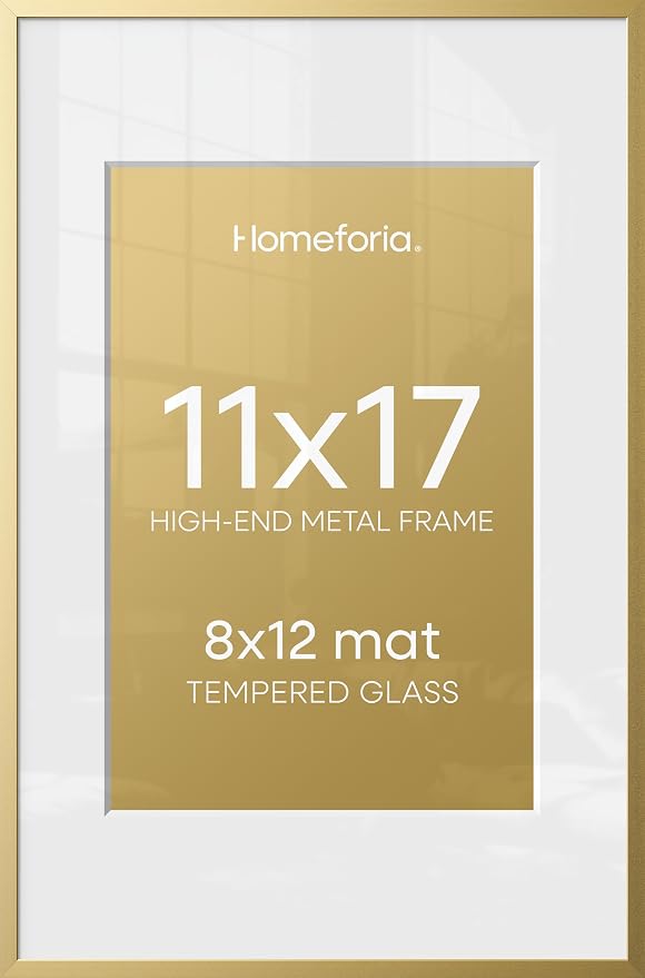 Homeforia 11x17 Picture Frame Gold, High End Metal 11x17 Poster Frames with Mat 8x12 for Photo, 11 x 17 Gold Frame Matted to 8 by 12 Print, 17x11 Thin Hanging Frame, Tempered Glass, Wall Kit, Set of 3