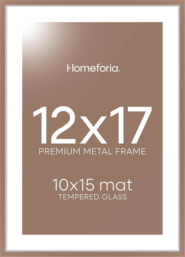 Homeforia 12x17 Picture Frame Mocha, High End Metal 12x17 Poster Frames with Mat 10x15 for Photo, 12 x 17 Mocha Frame Matted to 10 x 15 inch Print, 17x12 Thin Frame, Tempered Glass, Wall Kit, Set of 1