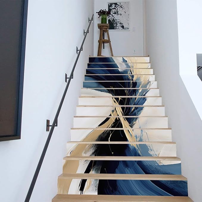 REDAMANCY Abstract White Sea Blue Gold Mosaic Oil Painting Peel and Stick Vinyl Stair Riser Decals Staircase Tile Stickers Decor Modern Marble Decoration Self-Adhesive(14 Pcs)