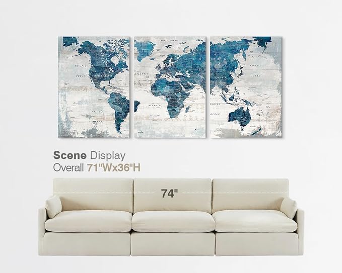 Large World Map Canvas Wall Art for Home Office Living Room Decor | Framed Artwork Oversized Blue Global Maps Pictures Inspirational Wall Decor for Apartment Masculine House