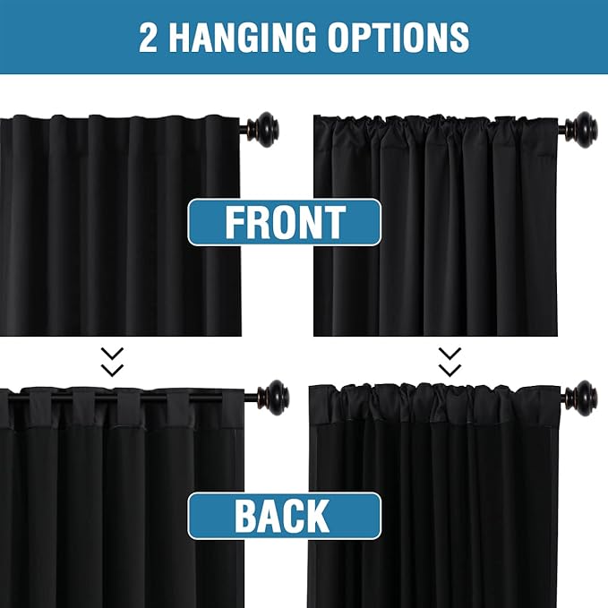 H.VERSAILTEX 100% Blackout Curtains for Bedroom with Black Liner Full Room Darkening Curtains 54 Inches Long Thermal Insulated Back Tab/Rod Pocket Window Drapes for Living Room, 2 Panels, Jet Black